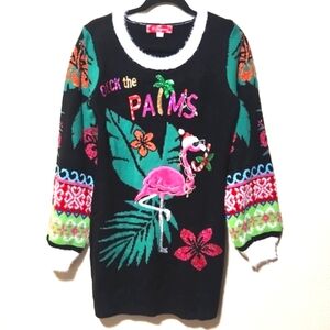 33 Degrees Holiday Sequin "Deck the Palms" Flamingo Long Sweater Size Medium EUC